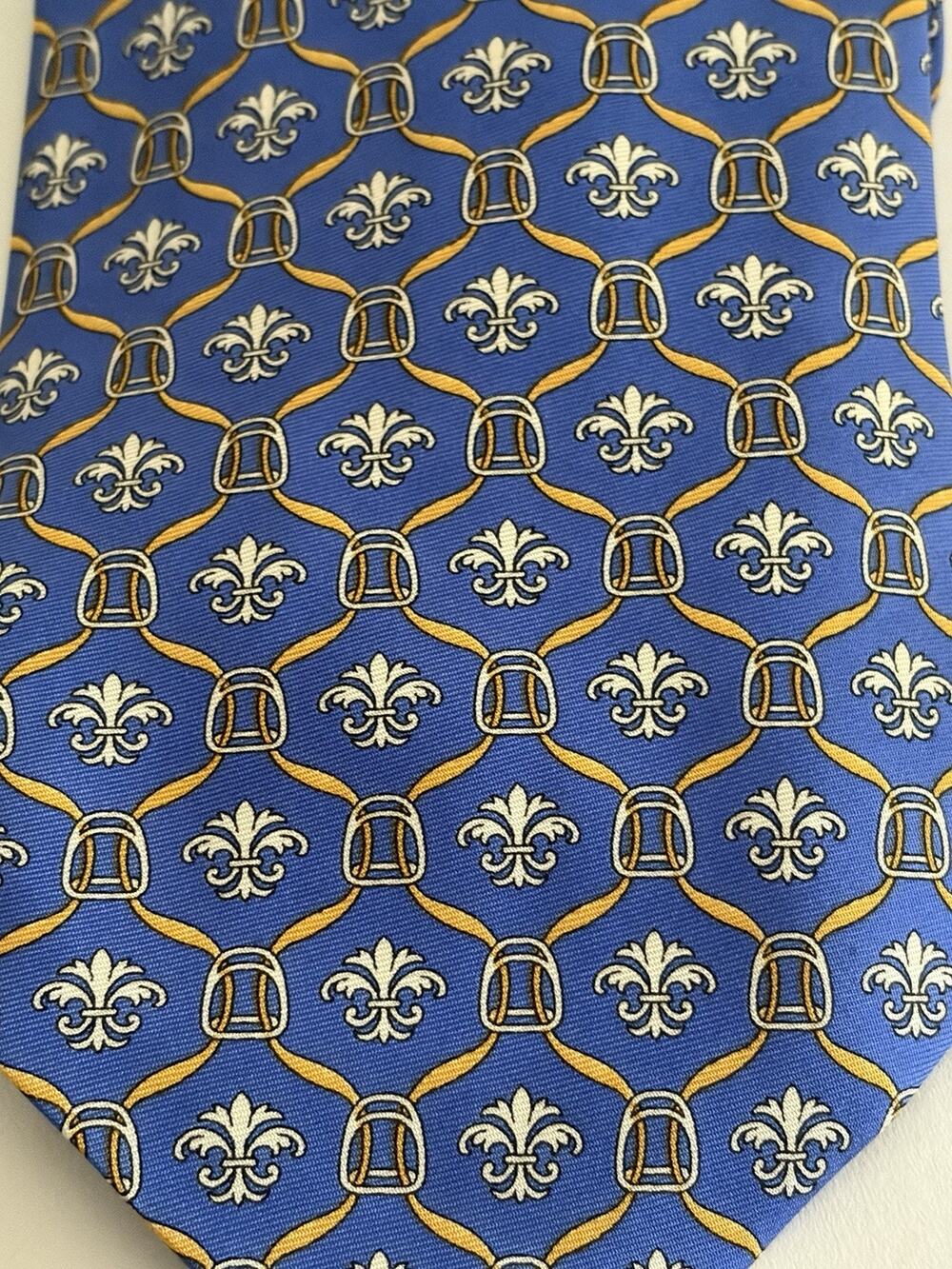 NWT Richel Blue 100% Pure Silk Hand Made In Spain Fleur De Lis Print Gold